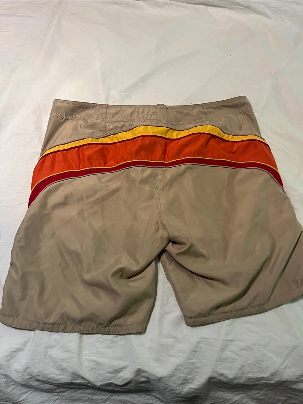Old Navy Tan Swim Board Shorts with Red and Orange Stripes